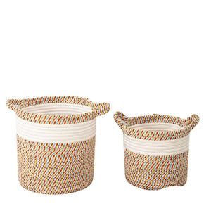 Bohemian woven cotton rope storage baskets set of two with colorful floral patterns