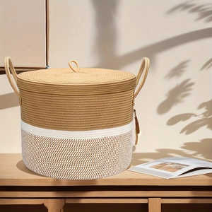 Extra large woven cotton rope laundry basket with lid and handles in dual khaki white tone