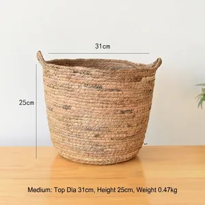 Detail view of woven Nordic plant basket with 31cm diameter and 25cm height specs