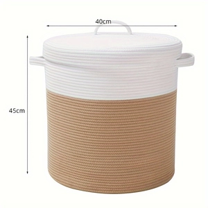 Extra large woven cotton rope laundry basket with lid and handles, 40x45cm white and brown