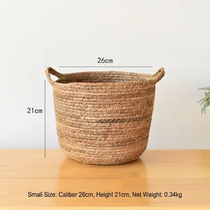 Detailed size specifications for a woven seagrass planter basket with dual side handles