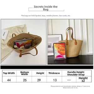 Guide des tailles du grand sac cabas en paille avec les dimensions et bandoulière