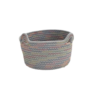Round woven cotton rope storage basket with rainbow stitching and cat ear handles