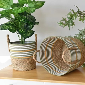 Handmade Woven Sea Grass Storage Basket Striped Flower Pot Cover Indoor Plant Container With Rope Handles For Home Decor
