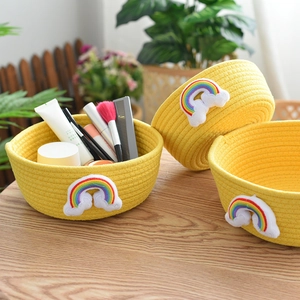 Nordic yellow cotton rope woven storage basket with rainbow embroidery for desk organizing