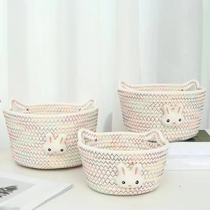 Cute Rabbit Cotton Rope Woven Storage Basket Desktop Organizer Basket With Animal Ear Handles For Nursery Bedroom Cosmetic Stationery