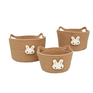 Three-piece set of woven cotton rope storage baskets with cute rabbit and cat ears