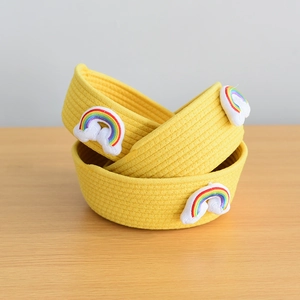 Nordic yellow cotton rope storage basket set with rainbow and cloud embroidery