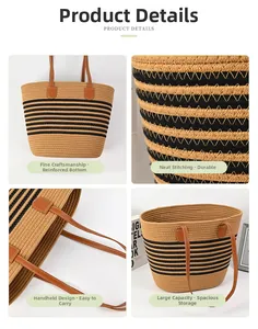 Detailed view of striped woven beach bag with reinforced brown leather handles and stitching