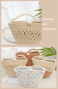 Close-up of handmade woven cotton rope bucket bag with elegant large white pearl buckle