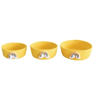 Three-piece set of yellow woven rainbow cotton rope baskets for home organization