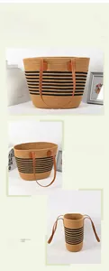 Detailed views of a striped woven tote bag with brown leather handles and large capacity