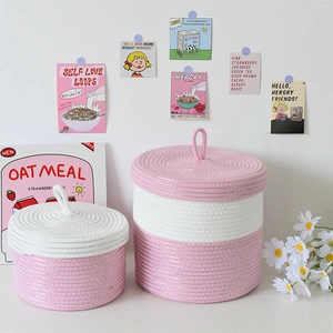 Cesto Portaoggetti in Corda di Cotone Intrecciata con Coperchio Rosa Bianco a Blocchi di Colore Organizer da Scrivania per Giocattoli Snack