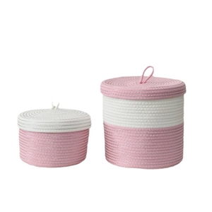 Cesti portaoggetti in corda di cotone rosa e bianco con coperchi in dimensioni S e L