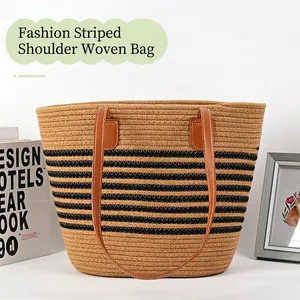 Women Striped Woven Cotton Tote Bag Casual Large Capacity Shoulder Bag Minimalist Travel Beach Handbag Daily Shopper Bag