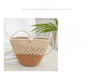 Detailed view of the woven bucket bag featuring a large pearl buckle and bicolor rope texture