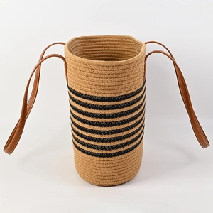 Striped woven tote bag with brown leather handles and large capacity minimalist design
