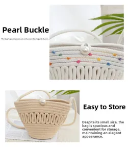 Detailed view of the elegant pearl clasp and woven texture on a beige bucket bag