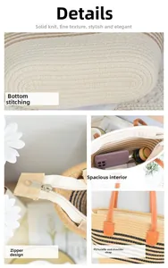 Detailed views of striped straw tote bag showing stitching, large capacity and PU handle