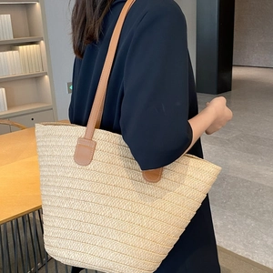 Grand Sac Cabas en Paille Tissée pour Femmes Sac à Épaule de Plage d'Été Avec Fermeture Éclair Sac à Main Kaki Fait Main
