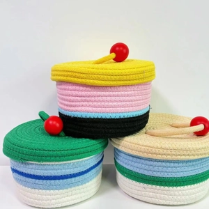 Hand-Woven Cotton Rope Storage Basket With Lid Color Block Round Desktop Organizer For Toys Sundries Home Office Decor