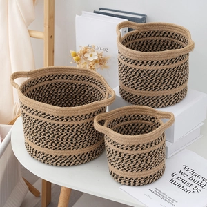 Three-piece Nordic woven storage baskets in cotton and linen with dual handles for home organization