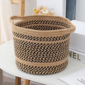 Nordic cotton linen woven storage basket with houndstooth pattern and handles for home