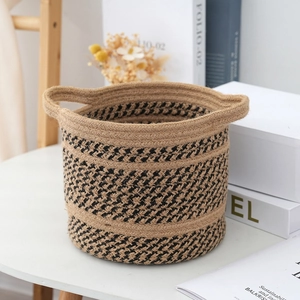 Close-up of houndstooth woven basket texture and integrated sturdy handle design