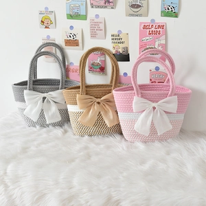 Handmade woven cotton striped handbag with large bows in soft grey pink and brown colors
