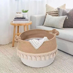 Nordic Woven Cotton Rope Storage Basket With Tassels Round Foldable Laundry Hamper For Toys Clothes Boho Home Organizer Basket