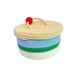 Minimalist round cotton rope woven storage basket with lid in blue and green patchwork