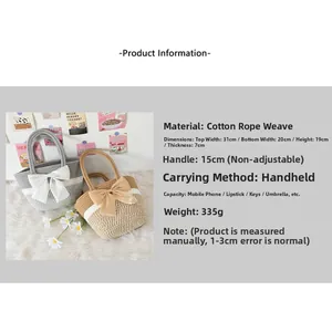 Detailed size specifications for striped cotton rope woven bags with decorative chiffon bows