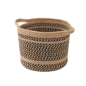 Minimalist woven cotton rope storage basket with black herringbone pattern and handles