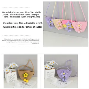 Detailed close-up of woven cotton bucket bag with large 3D fabric flower decorations