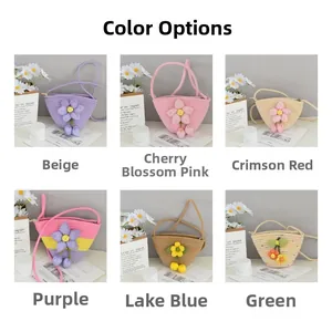 Detail showing six colorful handmade woven mini bucket bags with 3D flower decorations