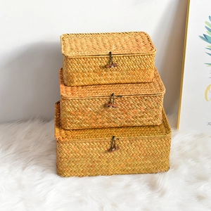 Handmade Woven Seagrass Storage Basket With Lid Rectangular Decorative Wicker Organizer Box For Home Wedding Gift Natural Straw Container