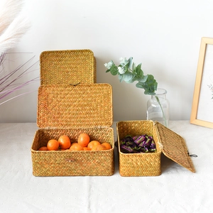 Set of 3 handmade seagrass storage baskets with lids for wedding gifts and home organization