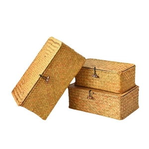 Handmade seagrass woven storage baskets set of 3 rectangular gift boxes with lids