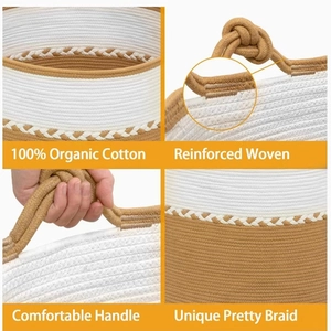 Detail view of reinforced organic cotton woven handles and hand-stitched braids on basket