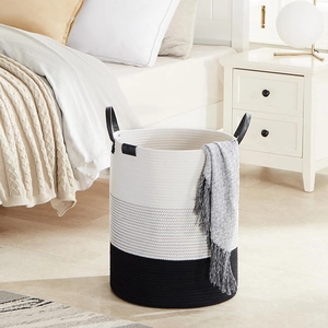 Three-color woven cotton rope storage basket with leather handles for laundry or toys