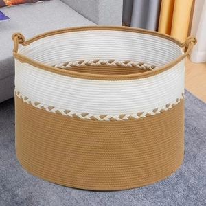 Large woven cotton rope storage basket for laundry and toys in white and brown