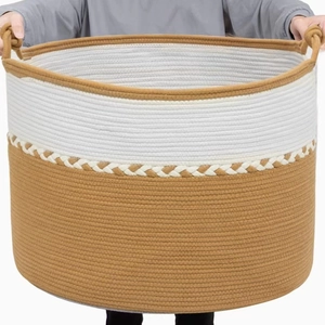 Large cotton rope woven storage basket with dual-tone design and sturdy handles