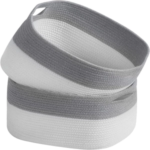 Set of two rectangular gray and white cotton rope woven baskets with convenient handles