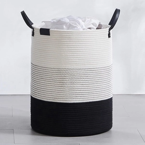 Modern Cotton Rope Woven Storage Basket 3-Color Spliced Laundry Hamper Round Toy Organizer With Leather Handles Home Decor