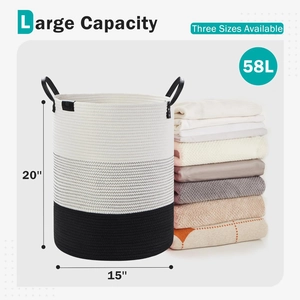 Detail of 58L large woven cotton rope laundry basket with leather handles and 3-color stripes