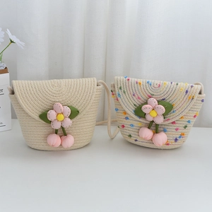 Sacs à bandoulière en paille tissée pour femmes avec fleurs 3D et cerises