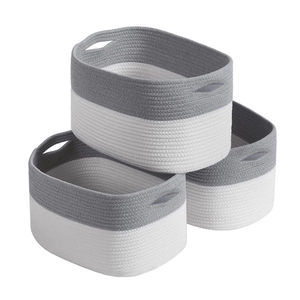 Three-piece set of woven cotton rope storage baskets in grey and white with handles