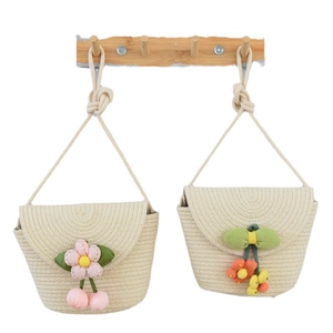 Sacs à bandoulière en paille tressée pour femmes avec fleurs et anses en corde