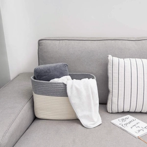 Rectangle cotton woven storage basket in grey and white two-tone for home organization