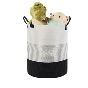 Three-color woven cotton storage basket with leather handles for laundry and toys